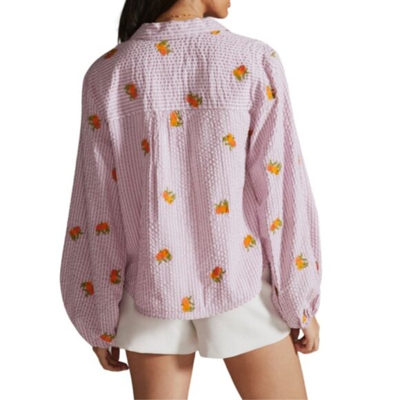 Anthropologie Maeve Embroidered Orange Pink Striped Button Down Shirt Women’s XL - Picture 2 of 16